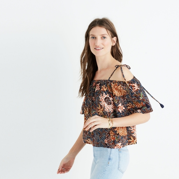 Madewell Silk cold shoulder tasseled cropped top in Sea Floral size XS - Picture 3 of 5